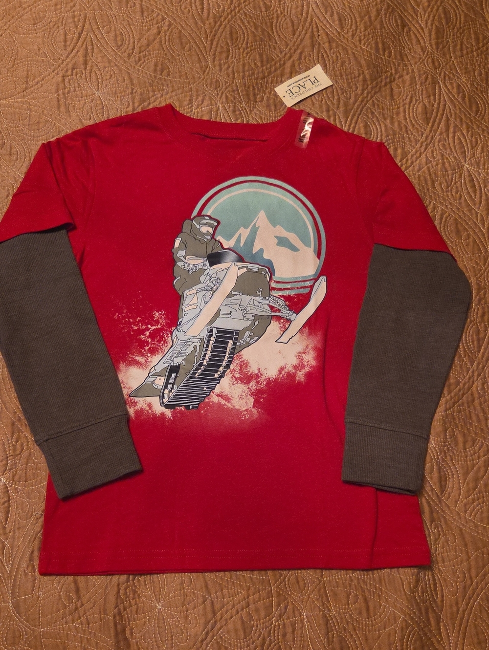 Place Red Long-Sleeve Layered-Look Snowmobile Graphic Tee with Gray Sleeves